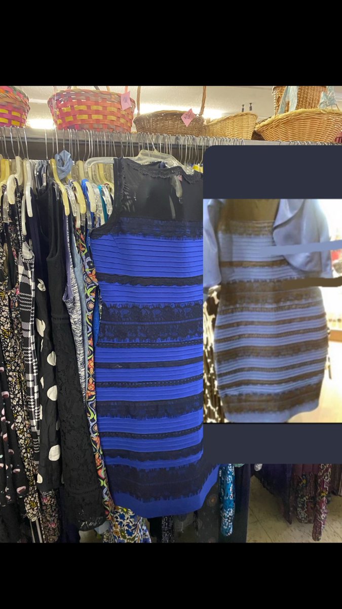 anactualwalnut's tweet photo. The PHOTOGRAPH is white and gold. “Well when we get into exposure” I’m not a photographer nor is that the point. The photo that went around depicted it as white and gold whether it was due to exposure or not. The color of the dress itself may be blue and black but if you can sincerely tell me that looking at these two next to one another you cannot grasp how people see two different color dresses I genuinely think you’re just lying for the sake of lying
