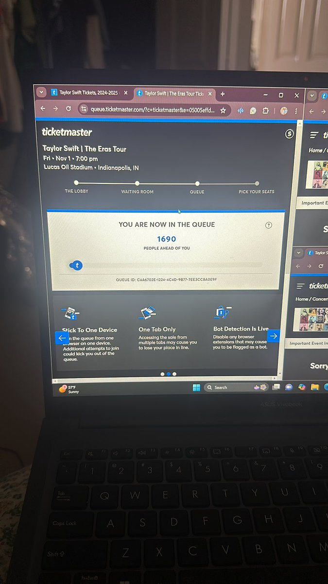 sydneyh625's tweet photo. @swiftieswanttix I can’t make it to indy tonight but if i’m able to get anything i’d love to pass along to swifties who will genuinely use them tonight! i’m now at spot 1614 🙏 https://t.co/xJ4qdEIokn