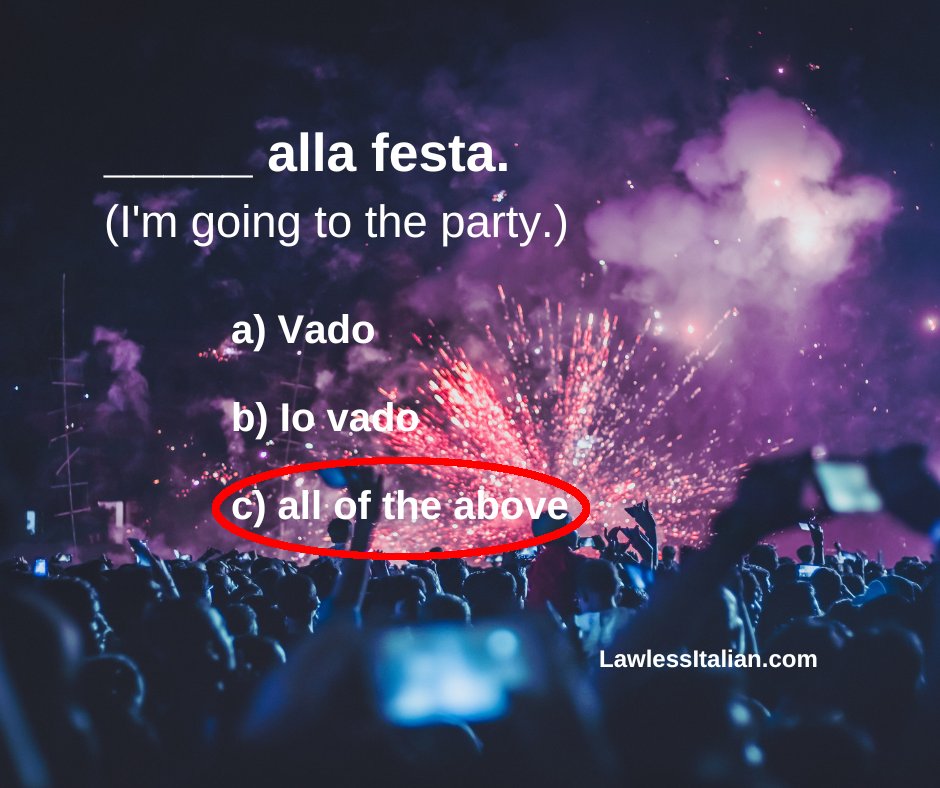 #Italian subject pronouns are generally dropped from sentences. But no one will penalize you if you use them &amp; in some circumstances they're necessary for clarity, like "sto bene, e tu?" (I'm well, and you?)

More on Italian subject pronouns: lawl.es/it-sub-pron #italianquiz