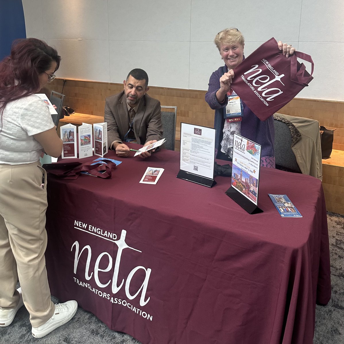 eSpLanguage's tweet image. Hard at work at #ATA65 is NETA, the New England Translators Association. Join us at our conference at @UMass on May  @NETAtrans