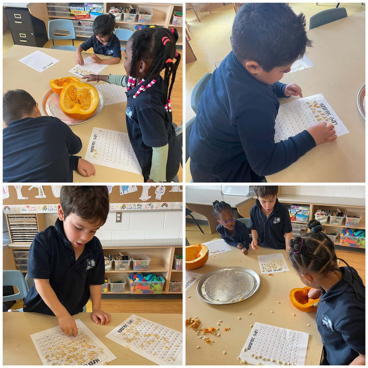 Pavao_Cecco's tweet photo. We wonder: “How many seeds are in a pumpkin?” Today, we cut open a large and a small pumpkin and challenged students to count how many seeds were in each, using a 100s chart to demonstrate 1-1 correspondence #hcdsbk @saopmilton1 @HCDSB_k https://t.co/zGBuLRDgz3