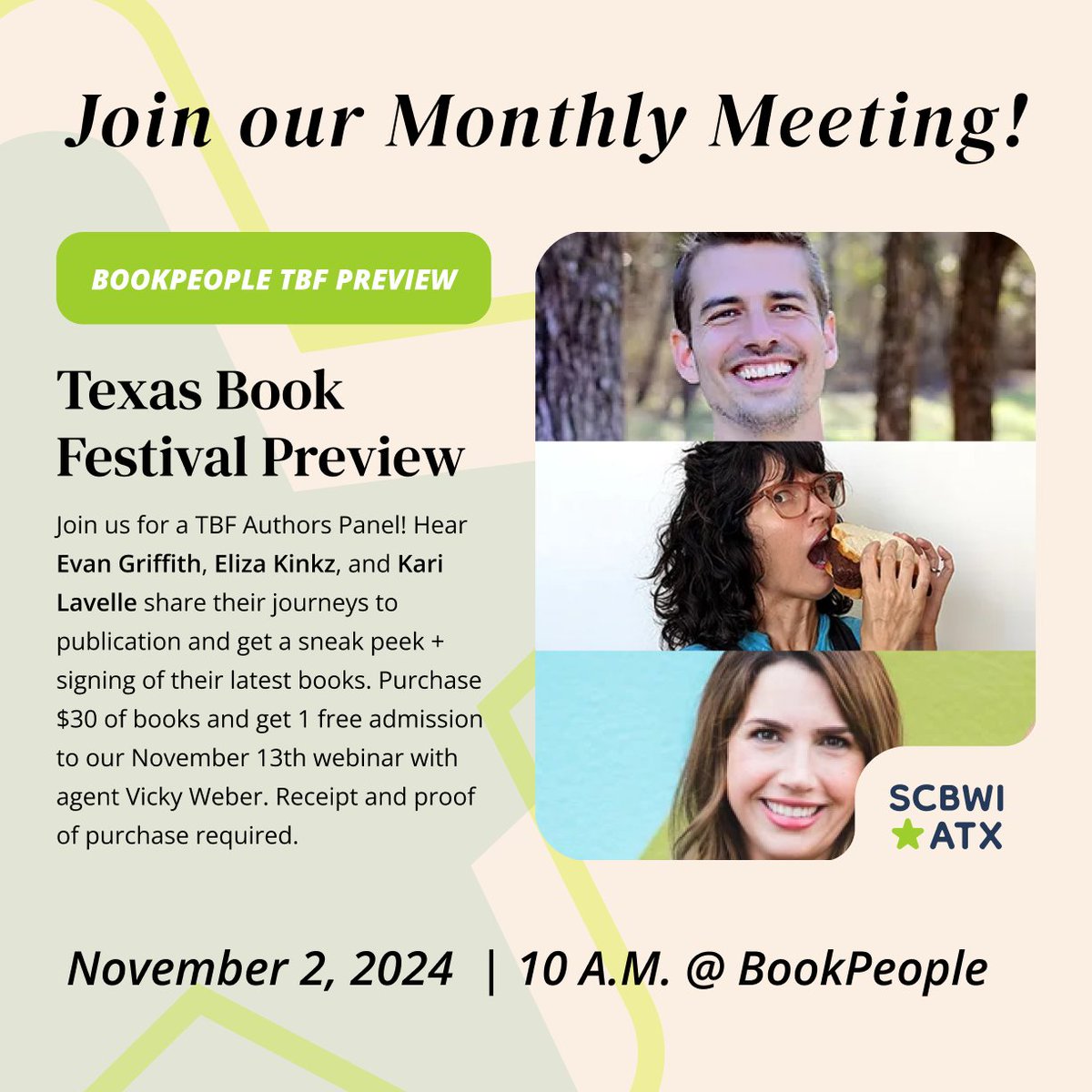Don't miss our last FREE monthly meeting of the year, tomorrow at @BookPeople! Get ready for a <a href="/texasbookfest/">Texas Book Festival</a> preview!