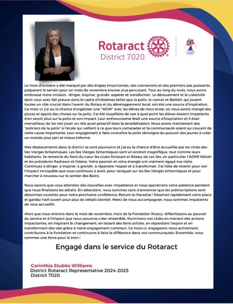 RotaractGves's tweet photo. Message de la DRR Corinthia Stubbs  Willams pour le mois de novembre :
.
.
.
.
.
#LeadInspireGrowHopeTransform
#LightRD7020
#RotaractlsLight
#RotaractClubMemorialGonaivesIsLight
#Bewell
#RotaryFoundationMonth 
#rotaractdistrict7020 https://t.co/EjkiQp8eDM