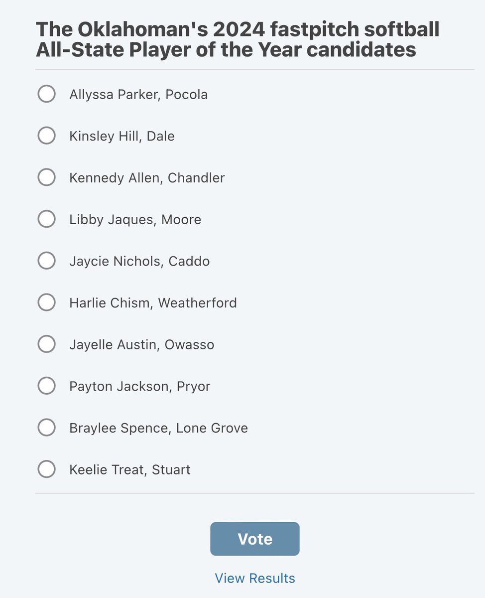 The Oklahoman will release its first-ever All-State fastpitch softball teams on Dec. 1.

With that date approaching, it’s time to meet the candidates for the Oklahoma high school fastpitch players of the year. 

#OKPreps Vote here: oklahoman.com/story/sports/h…