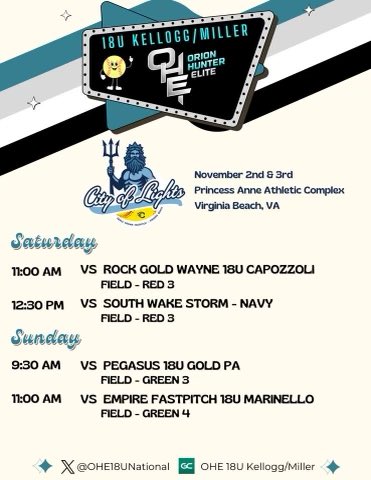 So excited to get on the field this weekend!! GO OHE!! <a href="/CoachKeithParr/">Keith Parr</a> <a href="/CoachFellman/">George Fellman</a> <a href="/NCATSOFTBALL/">The Official NC A&T Aggie Softball</a> <a href="/CoachA2320/">Coach A🥎</a> <a href="/MasonSoftball/">George Mason Softball</a> <a href="/OHE18UNational/">OHE 18U Kellogg/Miller</a> <a href="/ohesoftball/">Orion Hunter Elite (OHE)</a> @Erron_2K_Burton <a href="/CNUSoftball/">CNU Softball- 2022 National Champions</a> <a href="/UMWSoftball/">UMW Softball</a>