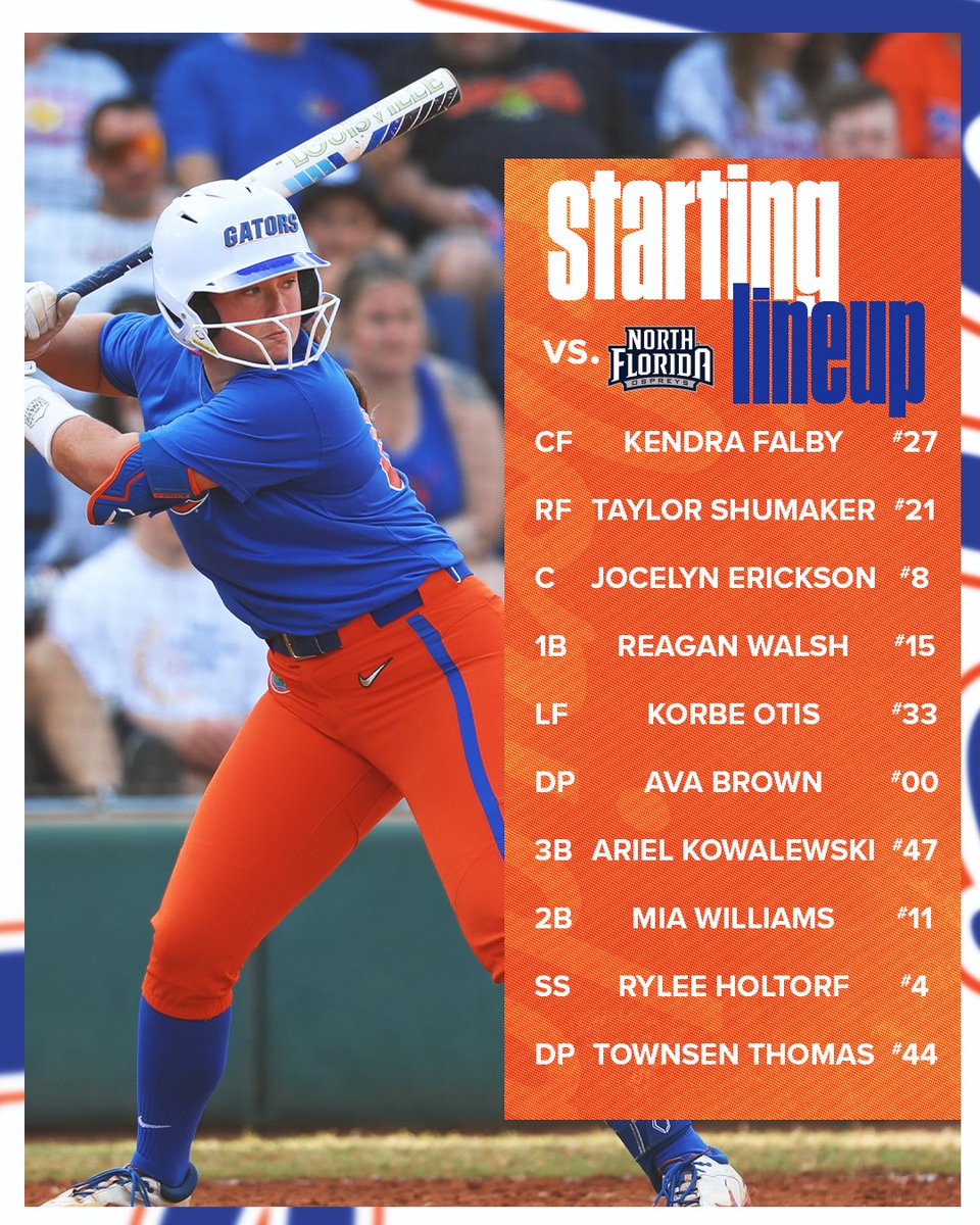 Starting lineup vs. the Ospreys 🐊

We're batting 10 and Kara will be our starting pitcher! 

#GoGators