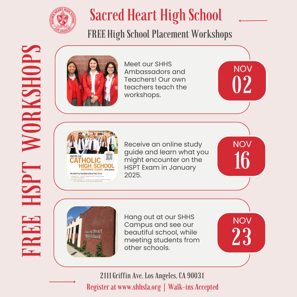 Are you scared about taking the High School Placement Exam? Then join us for our FREE High School Placement Test Workshops!  They begin Saturday, November 2nd from 8am to 11am.  You can register via our website at shhsla.org or walk-ins accepted!