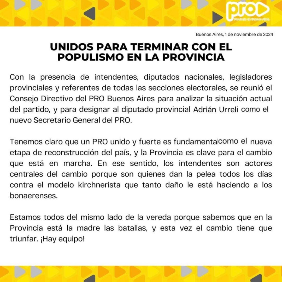 Desde el principio el PRO fue un espacio comprometido con la renovación. Hoy más que nunca orgulloso de continuar con la responsabilidad intacta y de formar parte de este equipo. 
Seguimos con la convicción de que el cambio es posible.