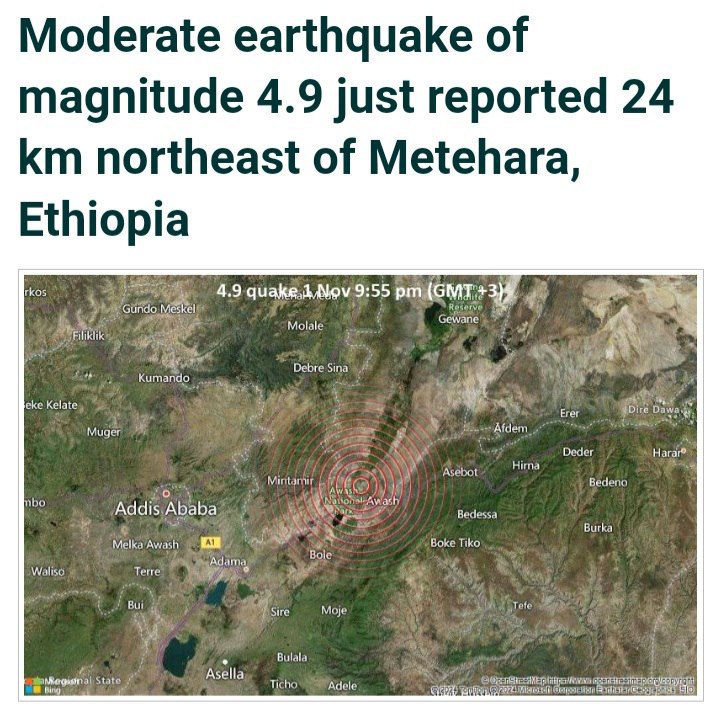 gumaaoro's tweet image. An earthquake of magnitude 4.9 occurred only 17 minutes ago 24 km northeast of Metehara, Ethiopia, the German Research Centre for Geosciences (GFZ) reported.

#Ethiopia #Earthquake #Awash #Afar