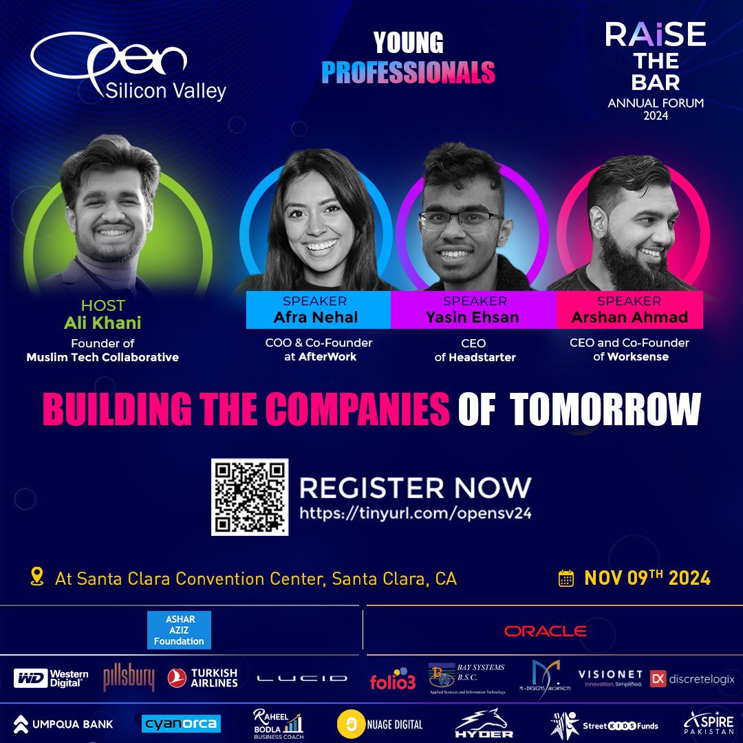 🚀 Building the Companies of Tomorrow
Meet innovators like Ali Khani, Afra Nehal (AfterWork), Yasin Ehsan (Headstarter), and Arshan Ahmad (Worksense AI) at Open SV annual forum
2024
📍 Santa Clara Convention Center, Silicon Valley
🔗 tinyurl.com/opensv24

#AF24