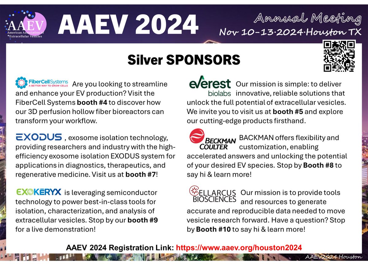 We are excited and proud to introduce our AAEV 2024 Houston Meeting Sliver Sponsors: FiberCell Systems, Everest Biolabs, Exodus Bio, Beckman Coulter Life Sciences, EXOKĒRYX, Cellarcus!