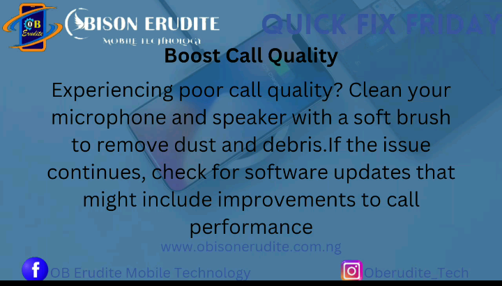 ObErudite's tweet image. 🔧 Quick Fix Friday: Boost Your Call Quality! 🔧

Having trouble with poor call quality?

 Keep your calls crystal clear and stay connected!

Visit us at obisonerudite.com.ng 

#ObisonErudite #QuickFixFriday #CallQuality #MobileTechTips #StayConnected  #fypシ゚vira