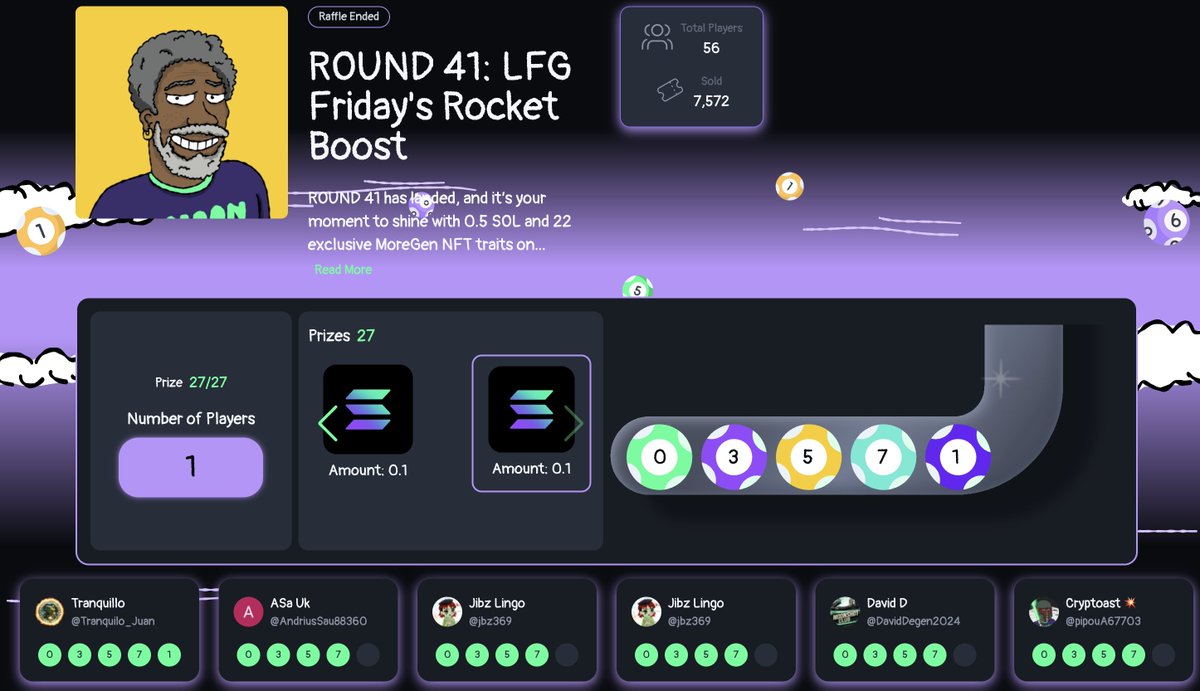Congrats to all Round 41 winners, especially to 
<a href="/Tranquilo_Juan/">Tranquilo 🐸 ✨ 𝔹/acc</a>  who won 3x 0.1 $SOL 😮👏 

<a href="/DavidDegen2024/">David D</a> - 0.1 $SOL 
<a href="/crypto_korten/">Meta Morph</a> - 0.1 $SOL 

and everyone else who got their #NFT traits 🖼️

Enjoy the weekends, fam 💜