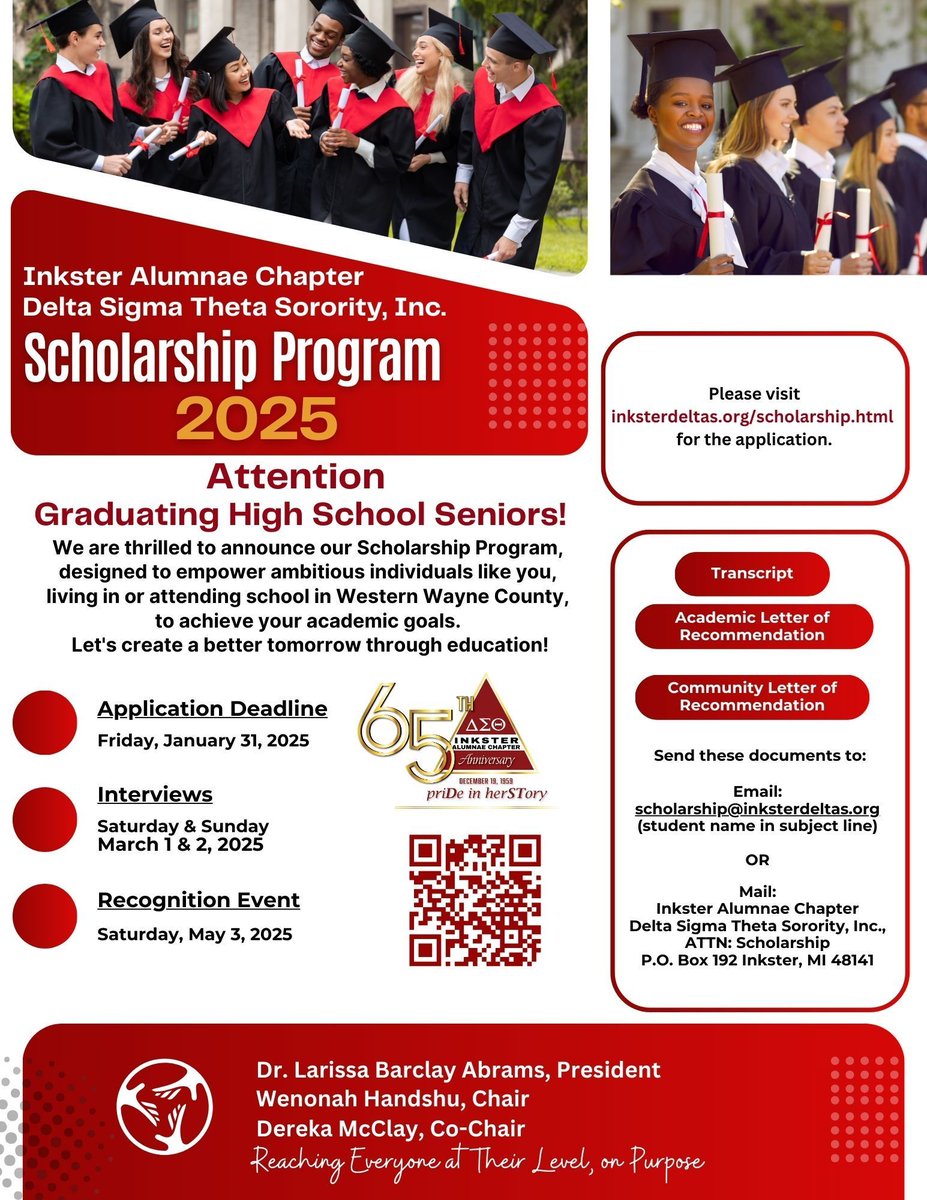 The Inkster Alumnae Chapter of Delta Sigma Theta Sorority, Inc. is thrilled to announce the opening of the 2025 Scholarship Application. Apply now for a chance to support your education. Visit: buff.ly/3YD5EM2. Submit by January 31, 2025.