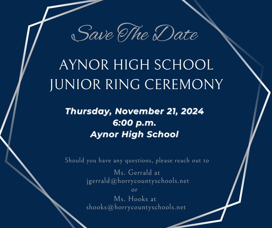 AynorHighSchool's tweet photo. AHS JUNIOR RING CEREMONY INFORMATION | The Junior Ring Ceremony is scheduled for Thursday, November 21, 2024, beginning at 6 p.m. https://t.co/gYd7ZPJ5ar