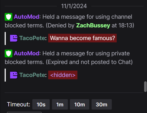 zachbussey's tweet image. Blocked terms attempting to be used in your Twitch Chat will now be displayed to allow or deny.

They will also be stored in their Viewer Card chat logs.

Public blocked terms are visible to Moderators.
Private blocked terms are ONLY visible to the Creator.

#TwitchNews #TOSgg