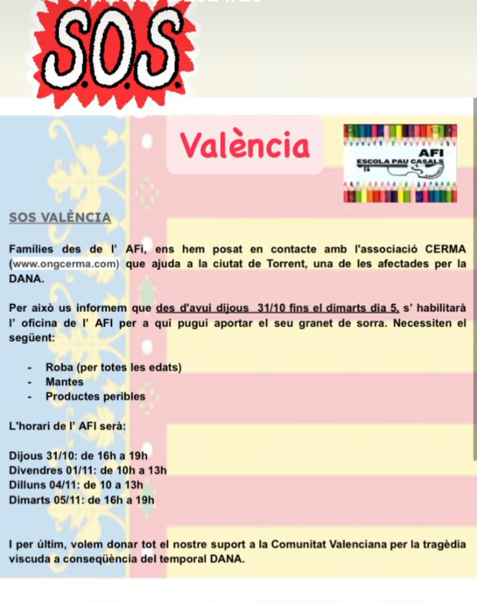 L'Escola Pau Casals fa recollida per les víctimes de València.