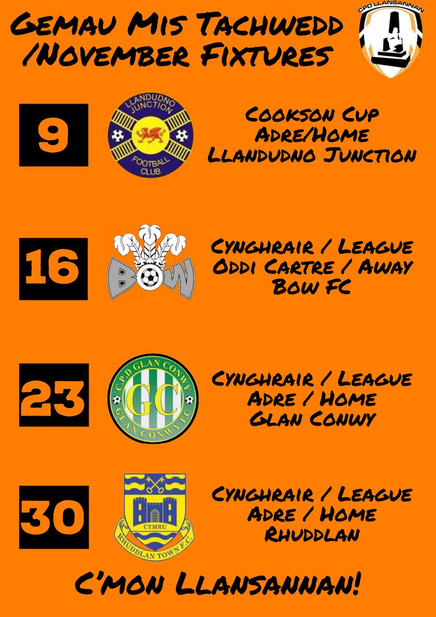 Dim gêm penwythnos yma i’r hogiau. Dyma be fydd o’n blaenau Mis Tachwedd. 

No fixture for us this weekend. Here are the games for November!