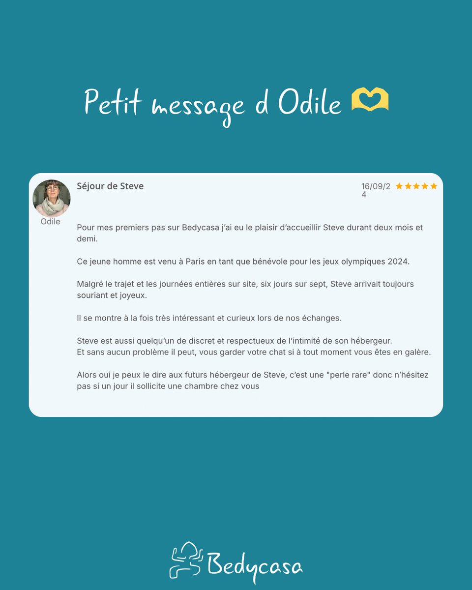 Bedycasa impacte vos vies 💚

Petit retour d’expérience de Stieff logé chez Odile pendant les Jeux Olympiques 📍

Un voyageur heureux, une hôte comblée, c’est tout ce qu’il nous faut 🥹

Vos échanges nous touchent et nous confirment que nous devons poursuivre notre mission 🥰
