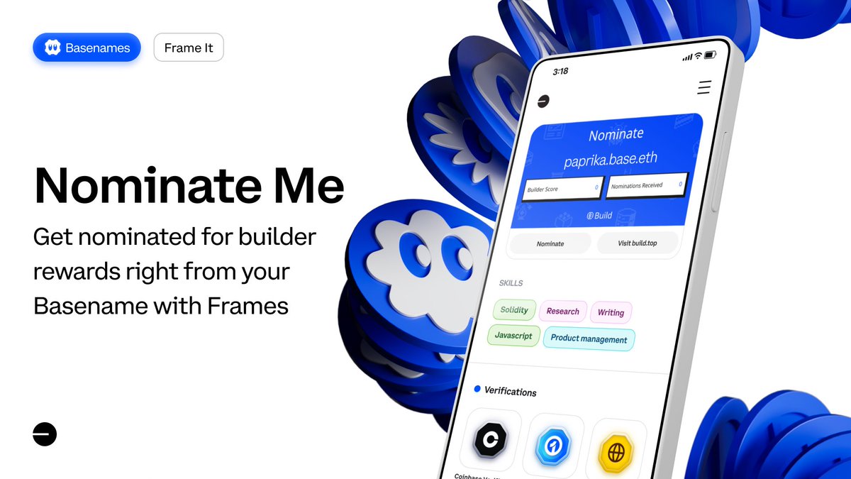 base's tweet photo. Each week, we're spotlighting how to use Basename Frames in new and creative ways

'Nominate Me' lets you get nominated for builder rewards straight from your Basename

Get onchain, get a Basename, and get rewarded

https://t.co/tSau1GdzD8 https://t.co/SCIDkyjoeW
