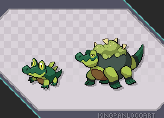 It's been a while since my last #FakemonFriday so here's something
🥑 Guacaré [Grass], the Fruit Croc Pokémon
🥑 Crocamole [Grass], the Dip Croc Pokémon

They based on the yacare caiman, avocados (also known as "alligator pears") and guacamole
#pokemon #fakemon