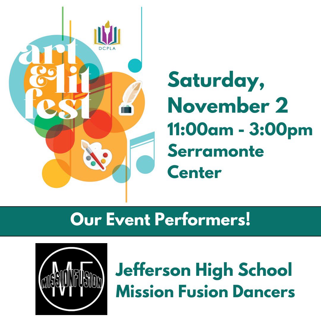 dcpla_'s tweet photo. We’re excited to have Jefferson High School’s Mission Fusion perform tomorrow at the 3rd Annual Art &amp; Lit Fest this Saturday, November 2, at Serramonte Center! 

Learn more at https://t.co/sBiGwvPoNd

#dcpla https://t.co/XvIGqS5wjh