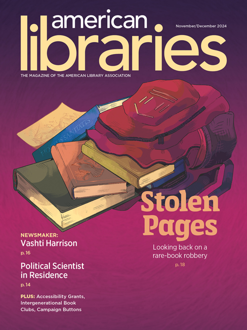 American Libraries (@amlibraries) on Twitter photo Our November/December issue is online now!
Read about a rare book heist 20 years later, an Illinois library's political scientist in residence, and what librarians say to Caldecott Medal-winner <a href="/VashtiHarrison/">Vashti Harrison</a> about her picture book Big.
➡️ bit.ly/AL-NovDec24 Our November/December issue is online now!
Read about a rare book heist 20 years later, an Illinois library's political scientist in residence, and what librarians say to Caldecott Medal-winner <a href="/VashtiHarrison/">Vashti Harrison</a> about her picture book Big.
➡️ bit.ly/AL-NovDec24