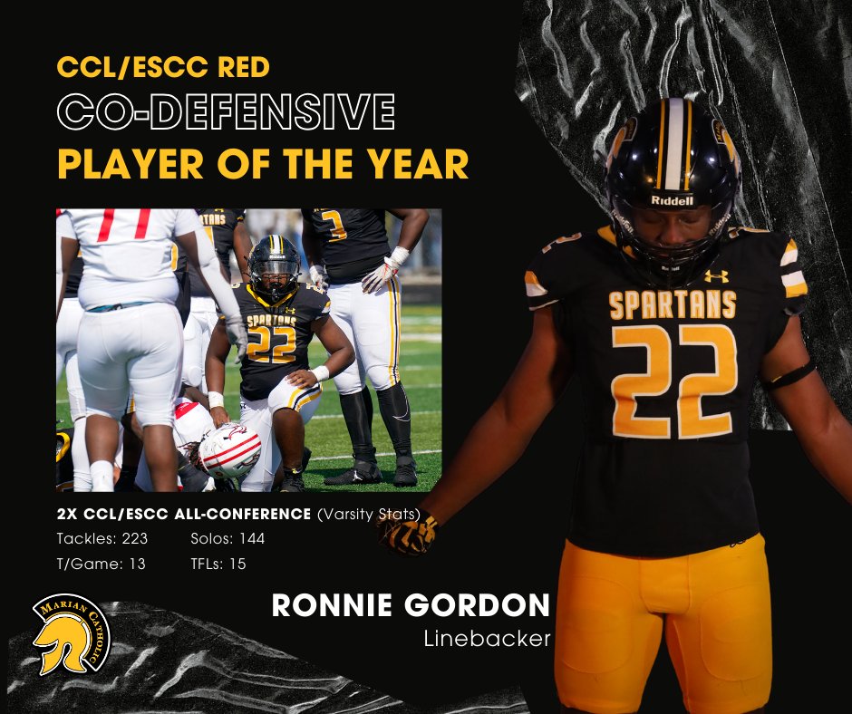 Spartan Football (@mchs__fball) on Twitter photo Congratulations to <a href="/RonnieGordonJr/">Ronnie Gordon</a> for being nominated as CCL/ESCC Red Co-Defensive Player of the Year <a href="/Athletics_MCHS/">Marian Catholic Athletics</a> <a href="/MCHS__FBALL/">Spartan Football</a> Congratulations to <a href="/RonnieGordonJr/">Ronnie Gordon</a> for being nominated as CCL/ESCC Red Co-Defensive Player of the Year <a href="/Athletics_MCHS/">Marian Catholic Athletics</a> <a href="/MCHS__FBALL/">Spartan Football</a>