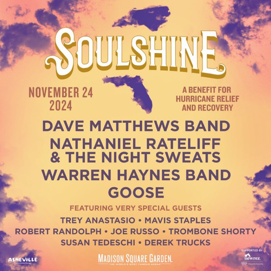 andycahn's tweet image. Get your tix to the Soulshine benefit at MSG 11/24 with @thewarrenhaynes @NRateliff @davematthewsbnd @goosetheband @treyanastasio @Tromboneshorty @mavisstaples and more. Plenty of platinum tix still available.  Expensive but they benefit the cause more.

bit.ly/soulshinetix