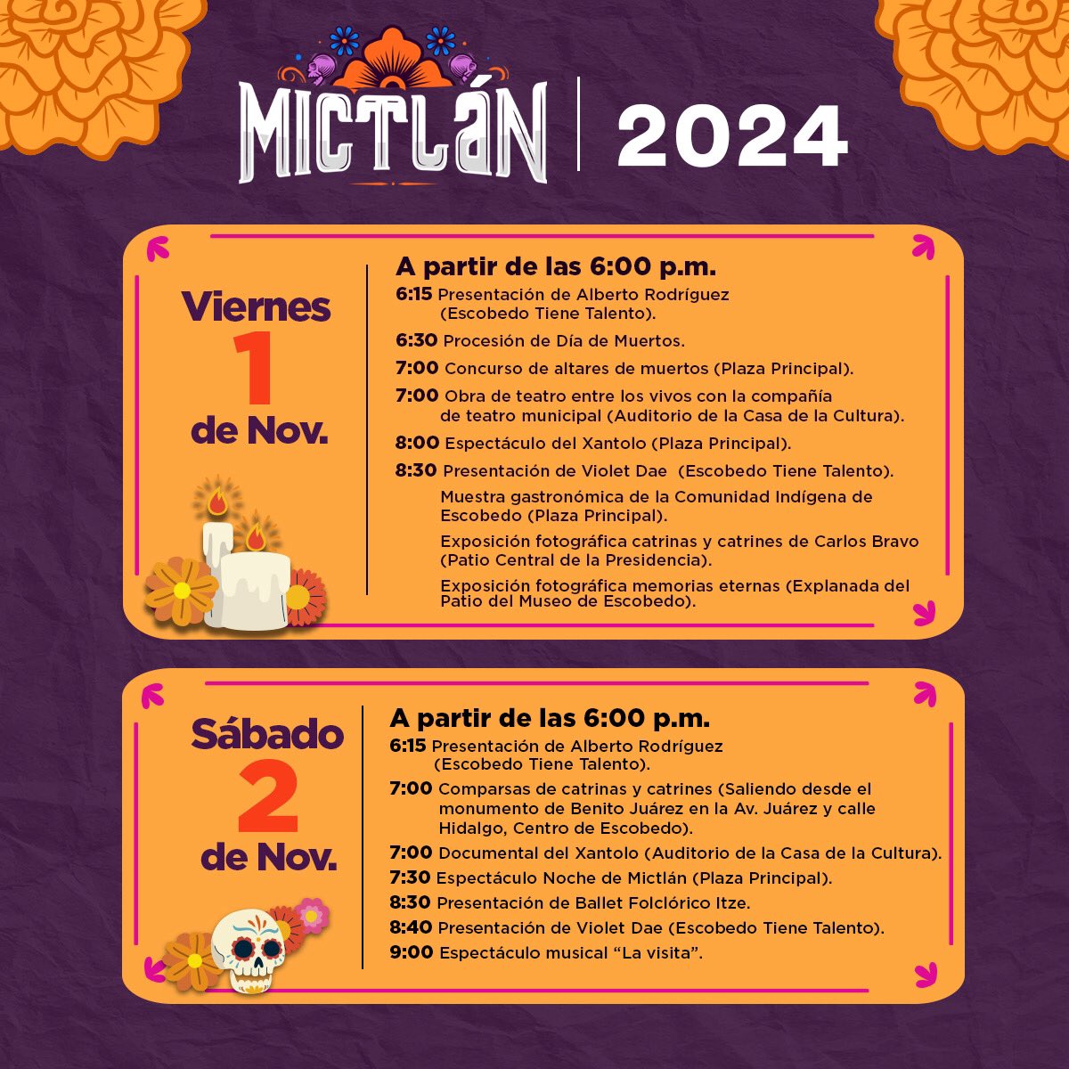 ¿Están listos para Mictlán 2024 en #Escobedo?💀🌼

¡Acompáñanos en la tradicional celebración del Día de Muertos con toda tu familia! Tendremos muchas actividades para ustedes. 

📆 Viernes 01 y Sábado 02 de noviembre del 2024.
⏰ 6:00 p.m. 
📍 Plaza Principal de Escobedo.