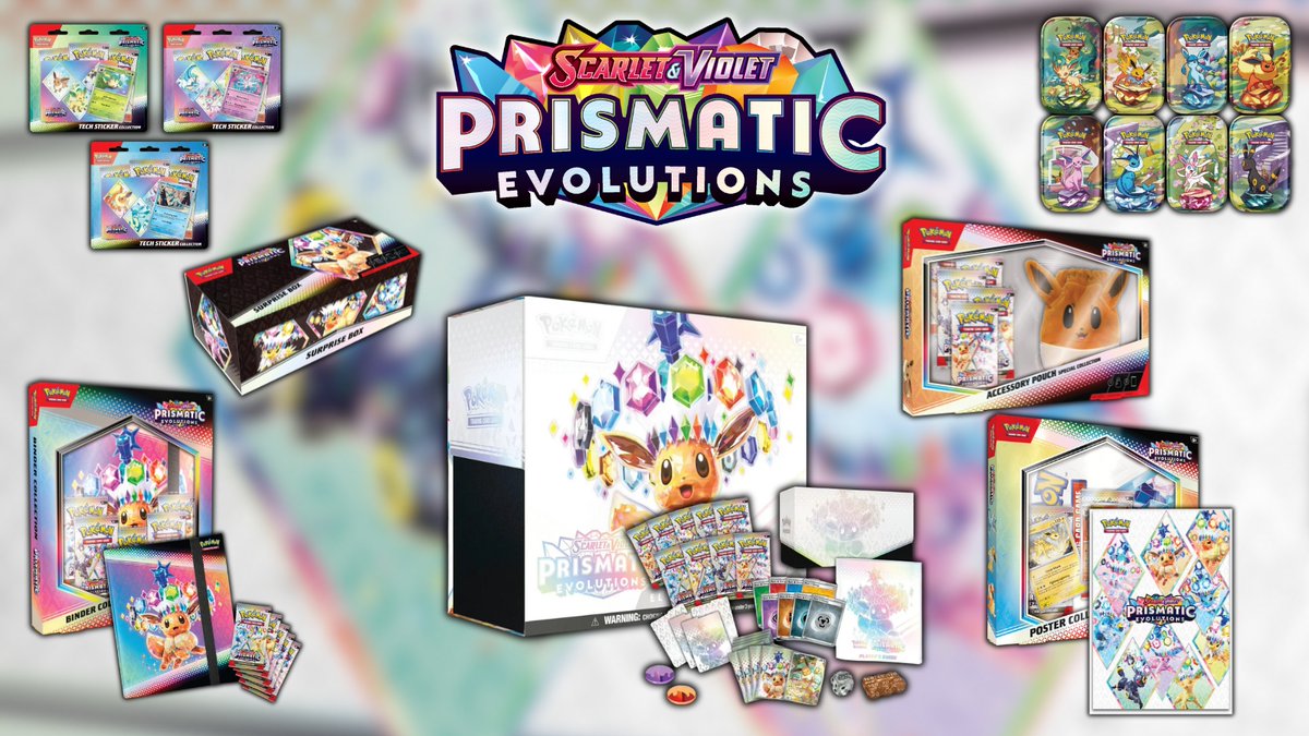 All Prismatic Evolutions Preorders! ✨

Elite Trainer Box:
bit.ly/40vzZP0

Binder Collection:
bit.ly/3C7d0iZ

Poster Collection:
bit.ly/40ugpCF

Tech Sticker Collections:
bit.ly/4fsv85w

Releases January 17th. 
#PokemonTCG #ad