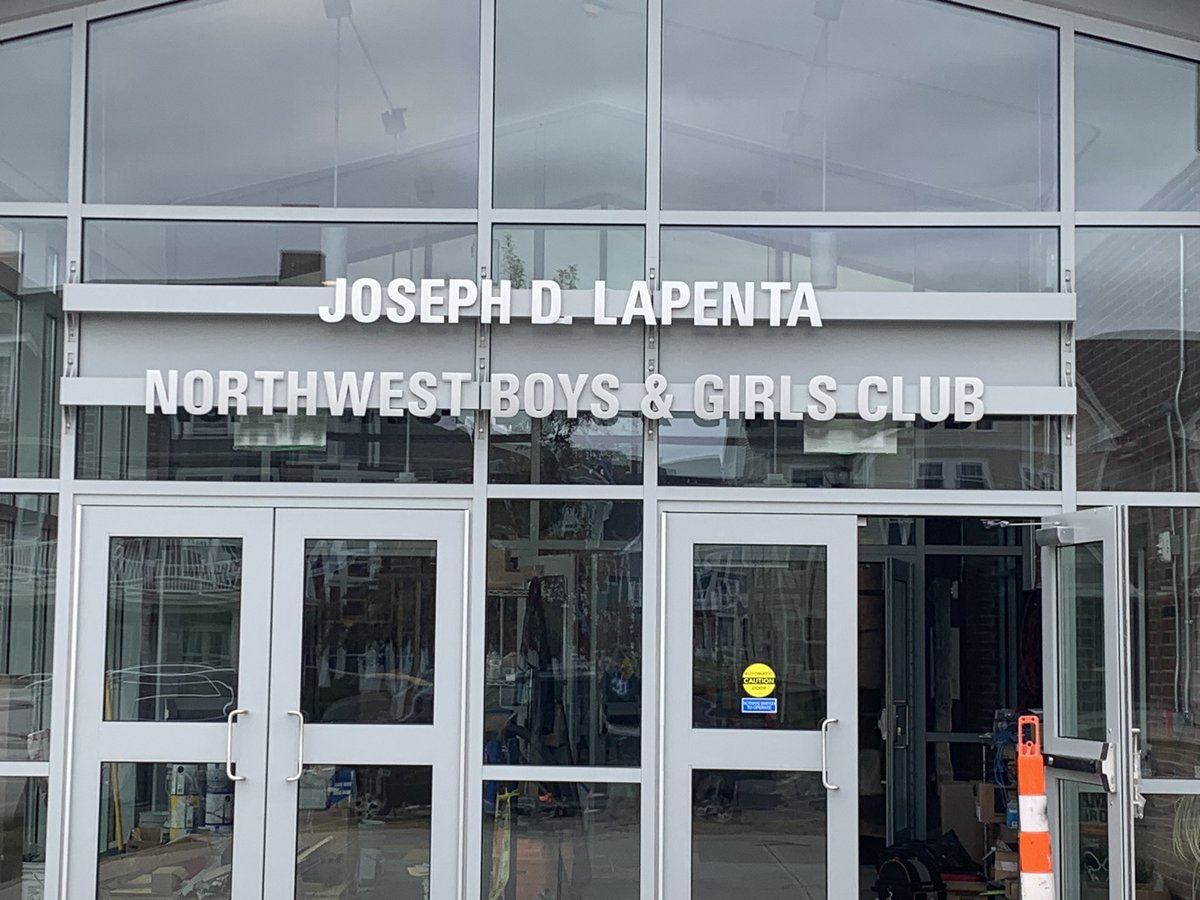 .5” thick exterior cast brush aluminum pin mounted letters installed on top on glass curtainwall #signs #boysandgrlsclub #hartford #Aluminum #connecticut