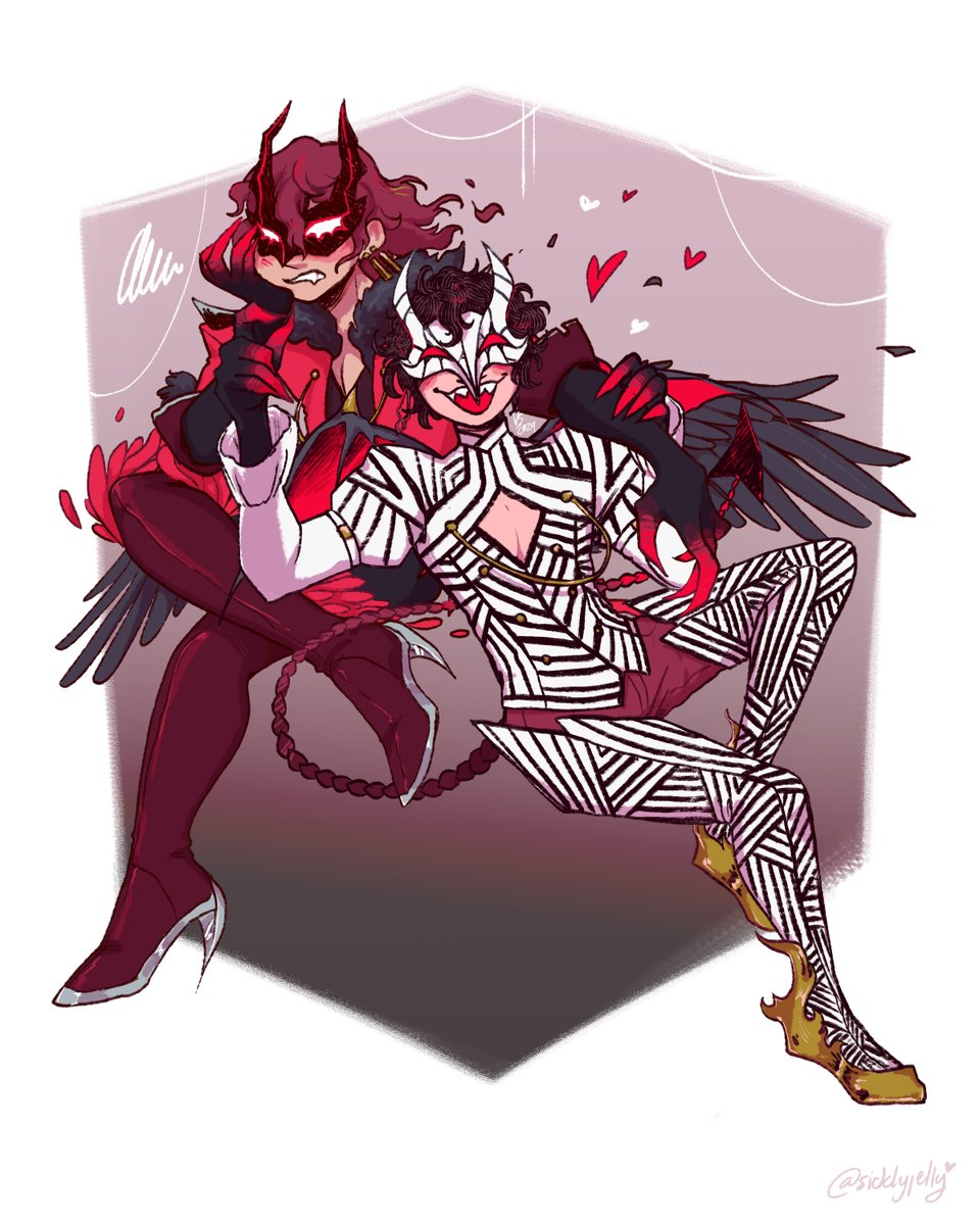 sicklyjelly's tweet photo. "They're supposed to be an angel and devil, but they're a bit all mixed up huh?" 👿😇

Happy belated Halloween! Reposting my old akeshu art had me nostalgic for my Arsene-inspired Akechi, now with a Loki-inspired Joker 💕 https://t.co/7H44PbaW73