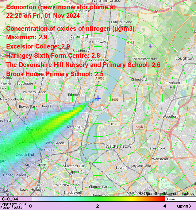 Latest Edmonton (new) incinerator plume plot, 22:20 01/11/24 #NoelPark #Hornsey #TowerGardens plumeplotter.com/edmonton/