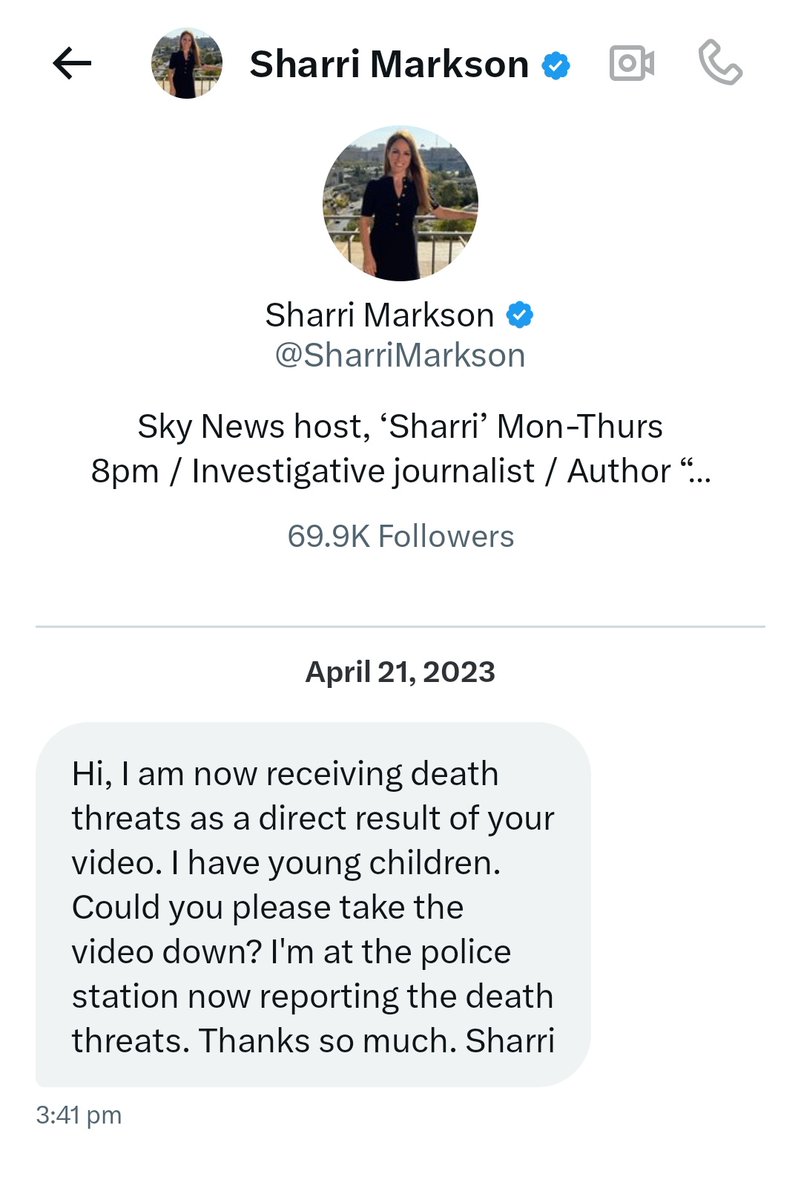 TheMilkBarTV's tweet photo. This is the DM Australian reporter & presenter @SharriMarkson sent me asking me to take down a video I made showing her atrocious comments towards unvaccinated people I put besides her more recent reporting about vaccine injuries. 

She claimed she was receiving "death threats as a direct result of your video." 

I've added my reply & I'll post below the video she asked to be taken down. 

Sharri never replied, has never acknowledged or apologised for her original position on mandates despite now calling for the same from others.