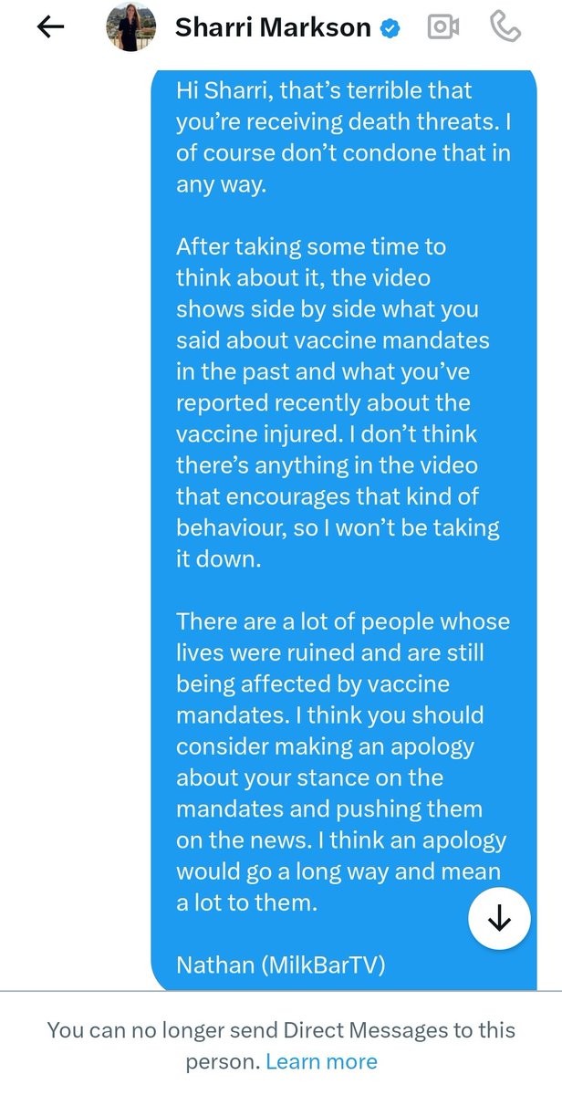 TheMilkBarTV's tweet photo. This is the DM Australian reporter & presenter @SharriMarkson sent me asking me to take down a video I made showing her atrocious comments towards unvaccinated people I put besides her more recent reporting about vaccine injuries. 

She claimed she was receiving "death threats as a direct result of your video." 

I've added my reply & I'll post below the video she asked to be taken down. 

Sharri never replied, has never acknowledged or apologised for her original position on mandates despite now calling for the same from others.
