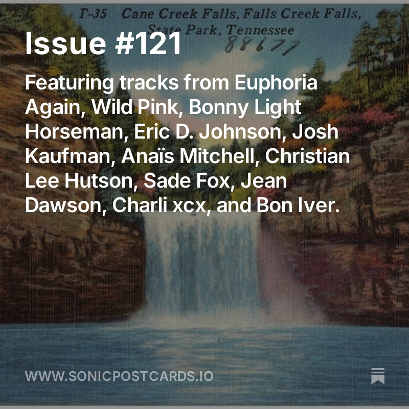 _btyler_'s tweet photo. Sonic Postcards Issue #121

Featuring tracks from Euphoria Again, Wild Pink, Bonny Light Horseman, Eric D. Johnson, Josh Kaufman, Anaïs Mitchell, Christian Lee Hutson, Sade Fox, Jean Dawson, Charli xcx, and Bon Iver.

https://t.co/RnzgdIrojU https://t.co/qNe7Sn0NZz