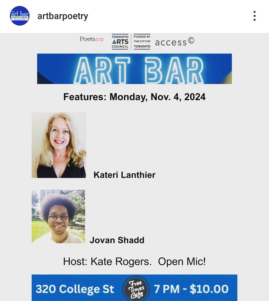 I will be reading new poems at Art Bar on Monday Nov. 4! Looking forward to reading with Jovan Shadd. Please join us! Hope to see you there. #poetry #Toronto