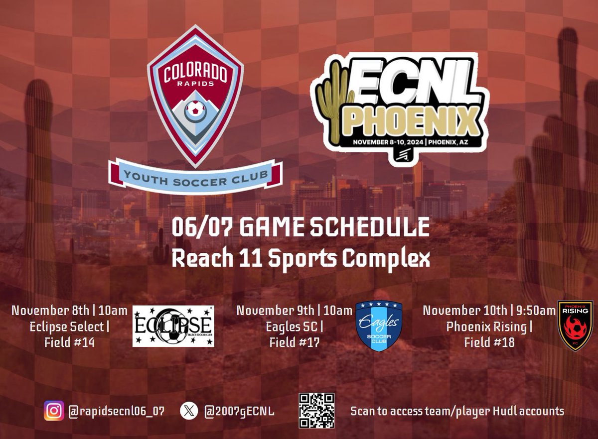 The Rapids 06/07 ECNL team is heading to Phoenix in 7 days. Come check us out as we hit the pitch during our first showcase of the year! Go Rapids! <a href="/RapidsYouthClub/">Rapids Youth Soccer</a> <a href="/ImYouthSoccer/">ECNL/GA/Recruiting/College Soccer</a> <a href="/ImCollegeSoccer/">College Soccer Truth ™</a> <a href="/TopDrawerSoccer/">TopDrawerSoccer</a> <a href="/ECNLgirls/">ECNL Girls</a> <a href="/TheSoccerWire/">SoccerWire</a>