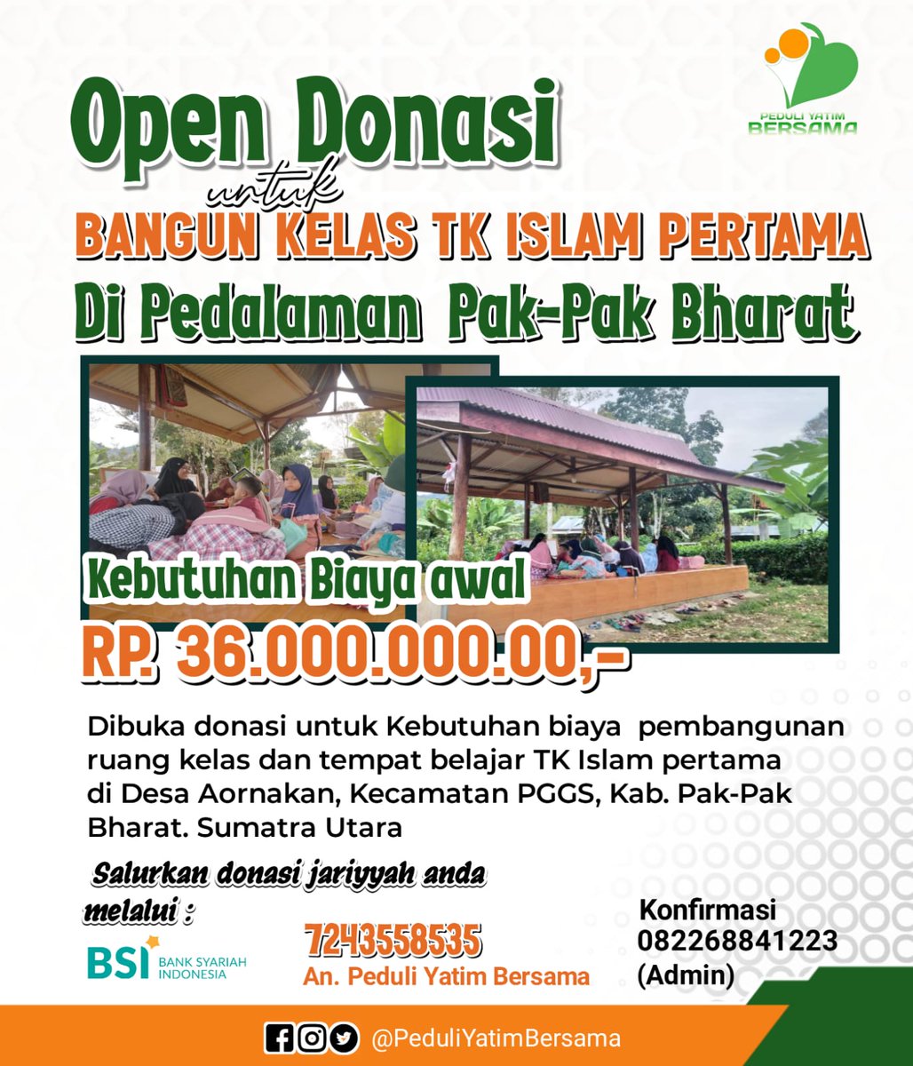 Yuk ikut ambil bagian dalam program pembangunan kelas santri RA pelosok minoritas,pembangunan belum bisa kita mulai krn biaya yg masih belum bisa mencukupi utk pembelian bahan² 

Yuk ikut patungan utk membantu memnuhi kebutuhan biaya pembangunan kelas🙏🏻 
<a href="/PeduliYatimBrsm/">Peduli Yatim Bersama</a>
