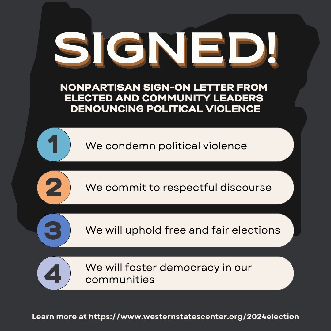 How do we fight false claims of election fraud that seed election denial and political violence? We join together to defend democracy! Sign the Non-Partisan Letter to Denounce Political Violence &amp; Uphold Election Integrity at westernstatescenter.org/2024election.  #orpol