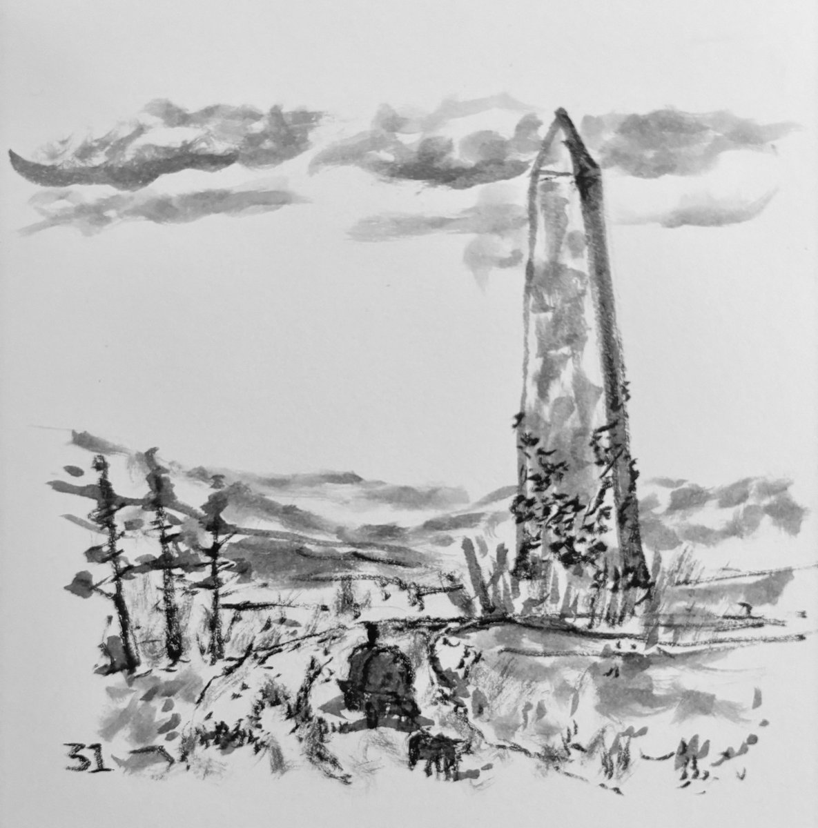 johnmustache's tweet image. #inktober2024 
31
LANDMARK 
Once you spot the big obelisk, you’re only about a days out from Mercy. 
You sure about that, old man? That crossbow bolt ain’t scrambling your memory? 
Bolt didn’t hit me in the head, did it? I done this trip more’n dozen times!