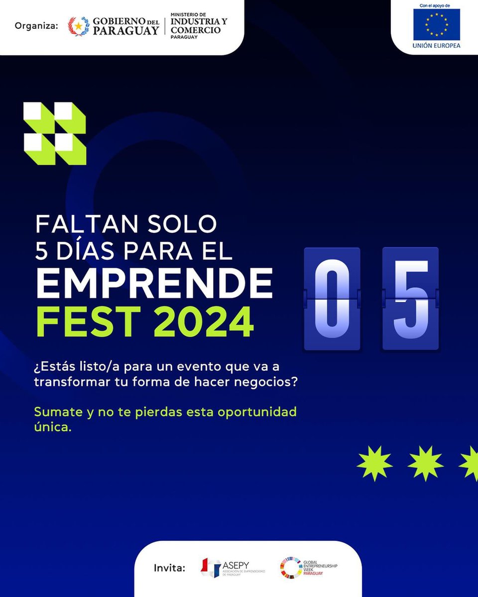 Faltan 5 días!! ✅ Emprende Fest 2024 es más que un evento; es un momento clave donde tu visión se transforma en acción.

🗓 6/11, de 08:00 a 20:00 h
📍Centro de Convenciones Mariscal, Asunción.
👉 ¡Anotate ya! passline.com/eventos/empren…

#EmprendeFest2024 #GEWPY2024