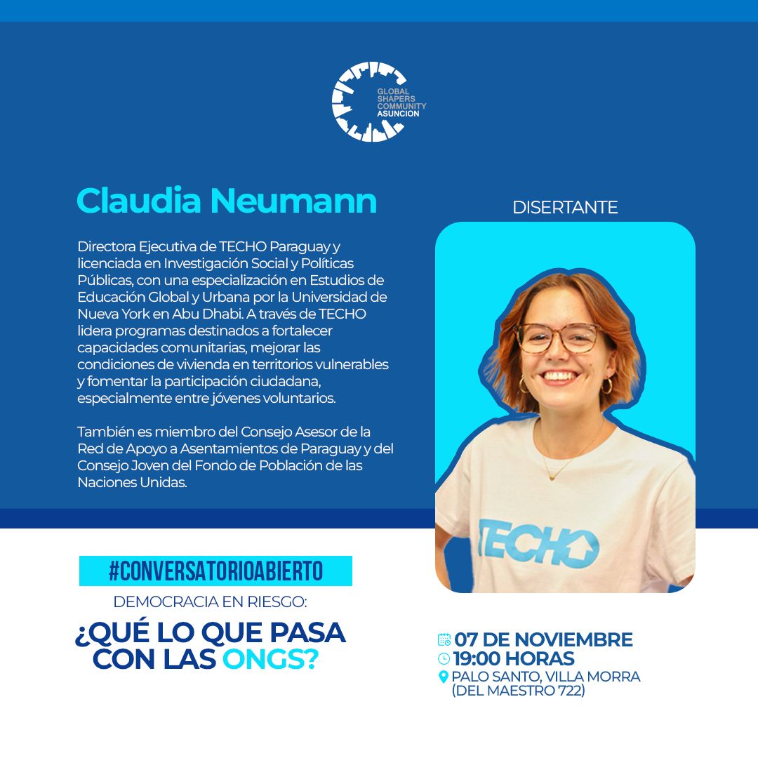📢 Conversatorio abierto | Te presentamos a nuestra speakers de la noche 🗣️💬

Conoce más sobre Claudia Neuman y Techo ➡️➡️

🗓 7 de octubre a las 19:00 horas.
📍Palo Santo Villa Morra (del maestro 722)

Regístrate aquí 👇🏻👇🏻

🔗 bit.ly/ConservatorioA…