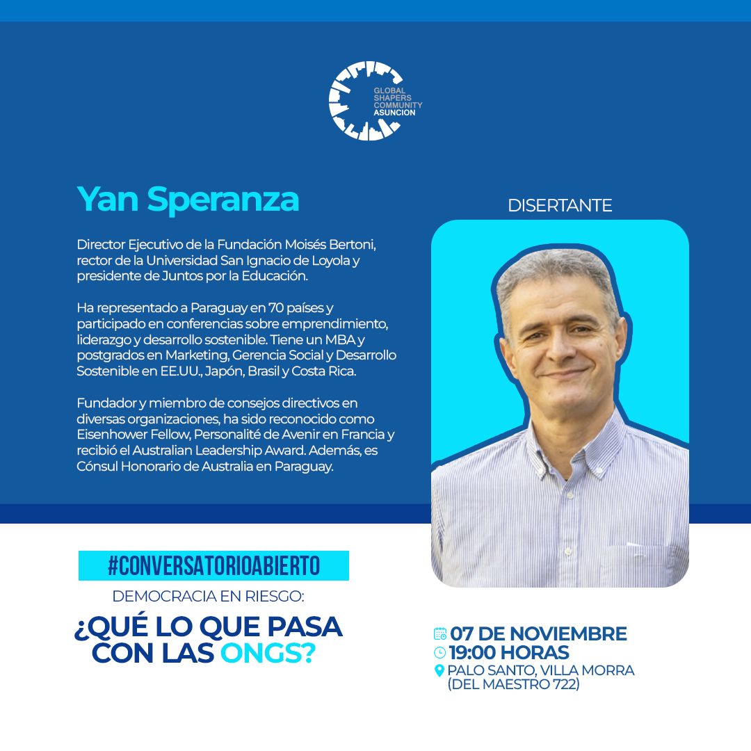 📢 Conversatorio abierto | Te presentamos a nuestro speakers de la noche 🗣️💬

 Conoce más sobre Yan Speranza y la Fundación Moises Bertoni ➡️➡️

🗓 7 de octubre a las 19:00 horas.
📍Palo Santo Villa Morra (del maestro 722)

Regístrate aquí  👇🏻👇🏻

🔗 bit.ly/ConservatorioA…