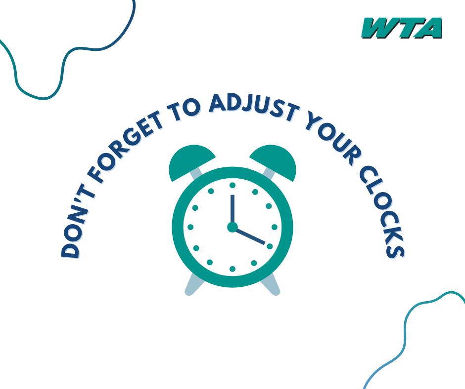 Reminder: Daylight Saving Time ends this Sunday! ⏰ Clocks “fall back” one hour at 2 a.m. on Nov. 3. With darker evenings, help your driver spot you by wearing reflective gear, using a blinking light, or shining your phone flashlight at bus stops.