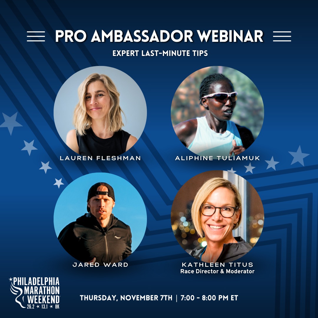 Philadelphia Marathon (@philly_marathon) on Twitter photo 📣 Pro Ambassador Webinar: Last-Minute Tips for Philly Marathon Weekend! 📣
Join us LIVE on Nov 7 at 7 pm ET with <a href="/laurenfleshman/">Lauren Fleshman</a>, <a href="/mamazoecherotch/">Aliphine Tuliamuk</a>, and <a href="/jwardy21/">Jared Ward</a> for taper tips, pacing strategies, and Philly-specific insights—moderated by <a href="/kathleen_titus/">Kathleen Titus (she/her)</a>. Don’t miss it! 👟💨 📣 Pro Ambassador Webinar: Last-Minute Tips for Philly Marathon Weekend! 📣
Join us LIVE on Nov 7 at 7 pm ET with <a href="/laurenfleshman/">Lauren Fleshman</a>, <a href="/mamazoecherotch/">Aliphine Tuliamuk</a>, and <a href="/jwardy21/">Jared Ward</a> for taper tips, pacing strategies, and Philly-specific insights—moderated by <a href="/kathleen_titus/">Kathleen Titus (she/her)</a>. Don’t miss it! 👟💨