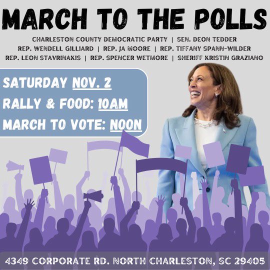 Charleston County! Join me tomorrow for our March to the Polls rally on the last day of early voting! I will be casting my ballot and invite you to join me if you have not yet early voted! It’s crucial that we make our voices heard!
#EarlyVote #YourVoteYourVoice #scpol