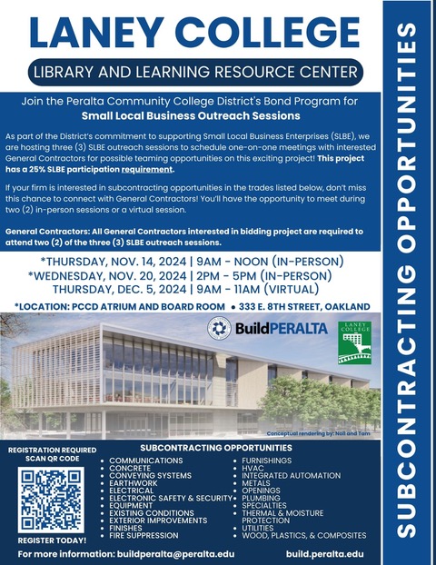 Join Peralta Community College District for in-person and virtual sessions for interested SLBE Subcontractors to meet with General Contractors bidding the project for possible teaming opportunities on the Library &amp; Learning Resource Center.
 Register now: lp.constantcontactpages.com/ev/reg/ymu7bsn