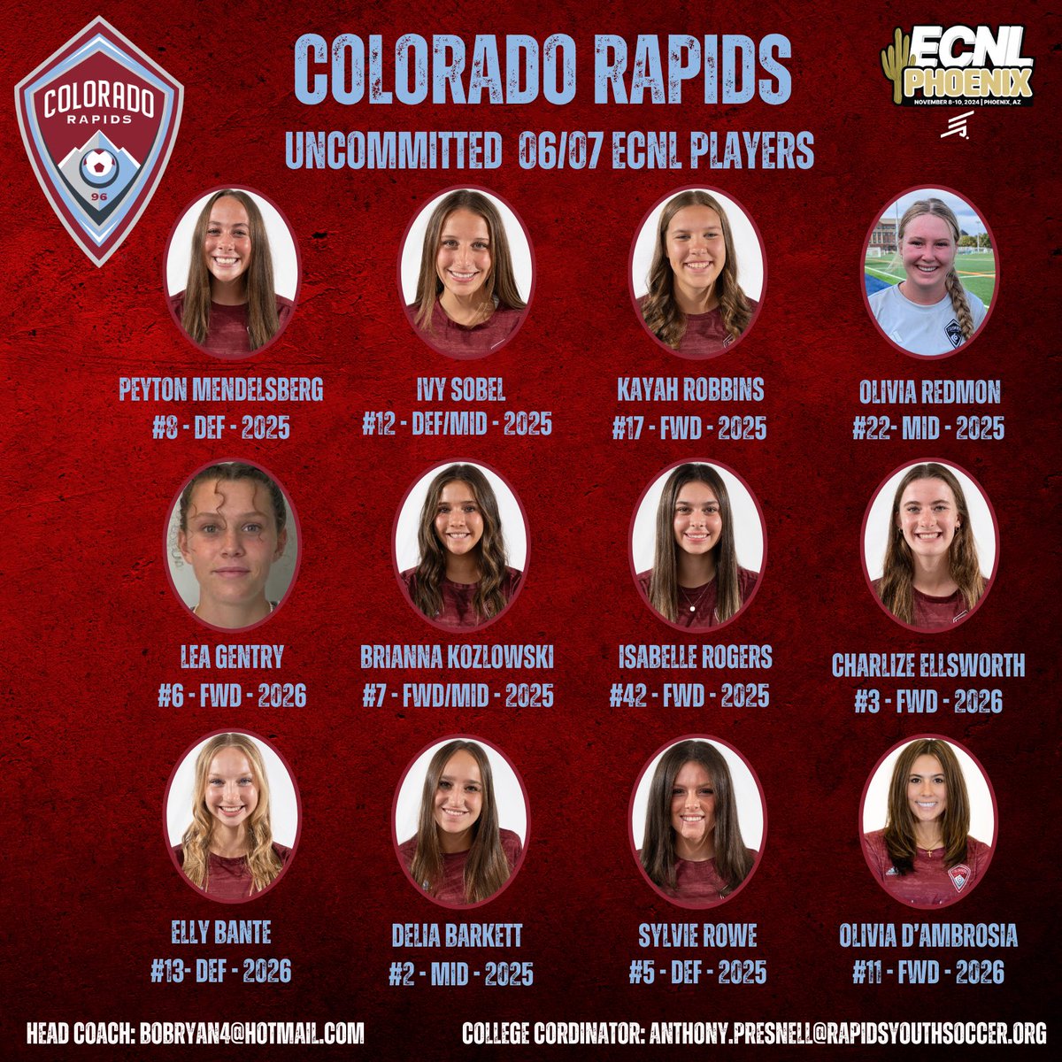 Coaches, come check out our very talented uncommitted 25s and 26s in Phoenix as they look for their perfect fit! <a href="/RapidsYouthClub/">Rapids Youth Soccer</a> <a href="/ECNLgirls/">ECNL Girls</a> <a href="/ImCollegeSoccer/">College Soccer Truth ™</a> <a href="/ImYouthSoccer/">ECNL/GA/Recruiting/College Soccer</a>